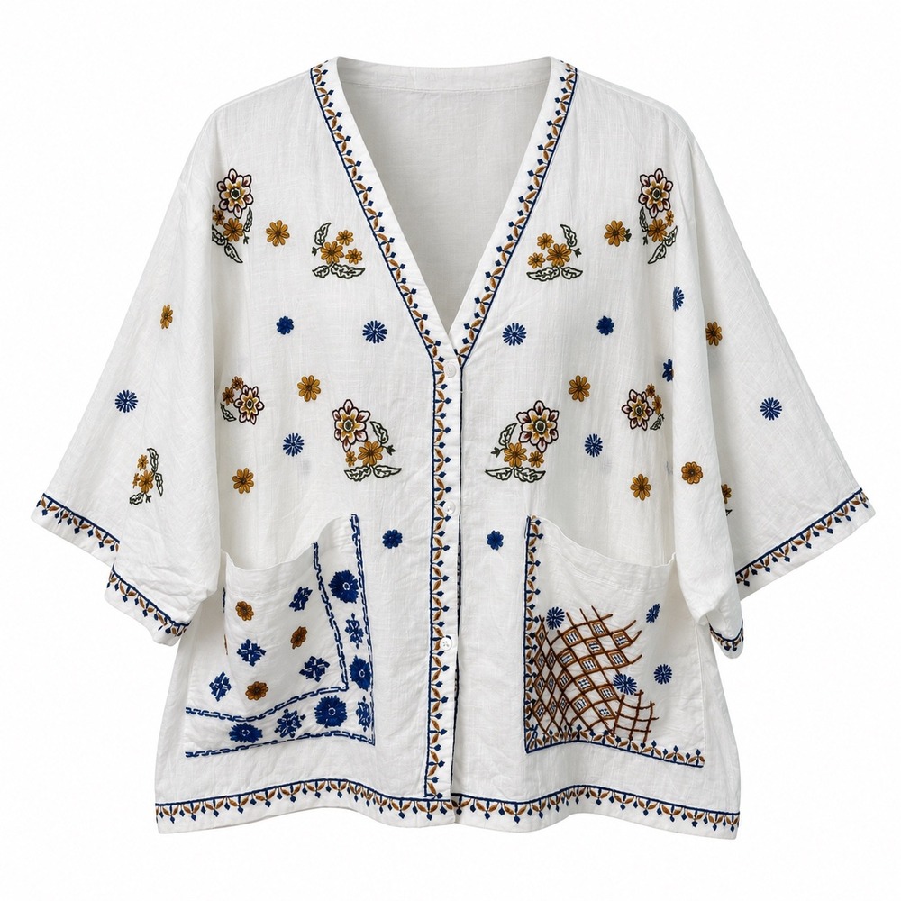 Zara Top Womens L White Embroidered Floral Button Front Boho Boxy Kimono Pocket